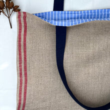 Load image into Gallery viewer, XL Tote Bag. Natural French linen fabric with raspberry red stripes and a light blue denim bottom.
