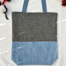 Load image into Gallery viewer, Tote bag. Black and white « Prince of Wales » patterned wool and light blue denim tote. Ex designer fabric.
