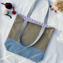 Load image into Gallery viewer, Tote bag. Light camel brown cotton canvas and stonewashed light blue denim tote.
