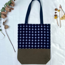 Load image into Gallery viewer, Tote bag. Vintage Japanese kimono fabric with an khaki green cotton canvas bottom.
