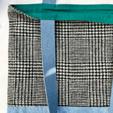 Load image into Gallery viewer, Tote bag. Black and white « Prince of Wales » patterned wool and light blue denim tote. Ex designer fabric.
