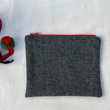 Load image into Gallery viewer, Grey and green textured Donegal wool pouch. Pouch with YKK zip. Zippered purse. Zippered pouch.
