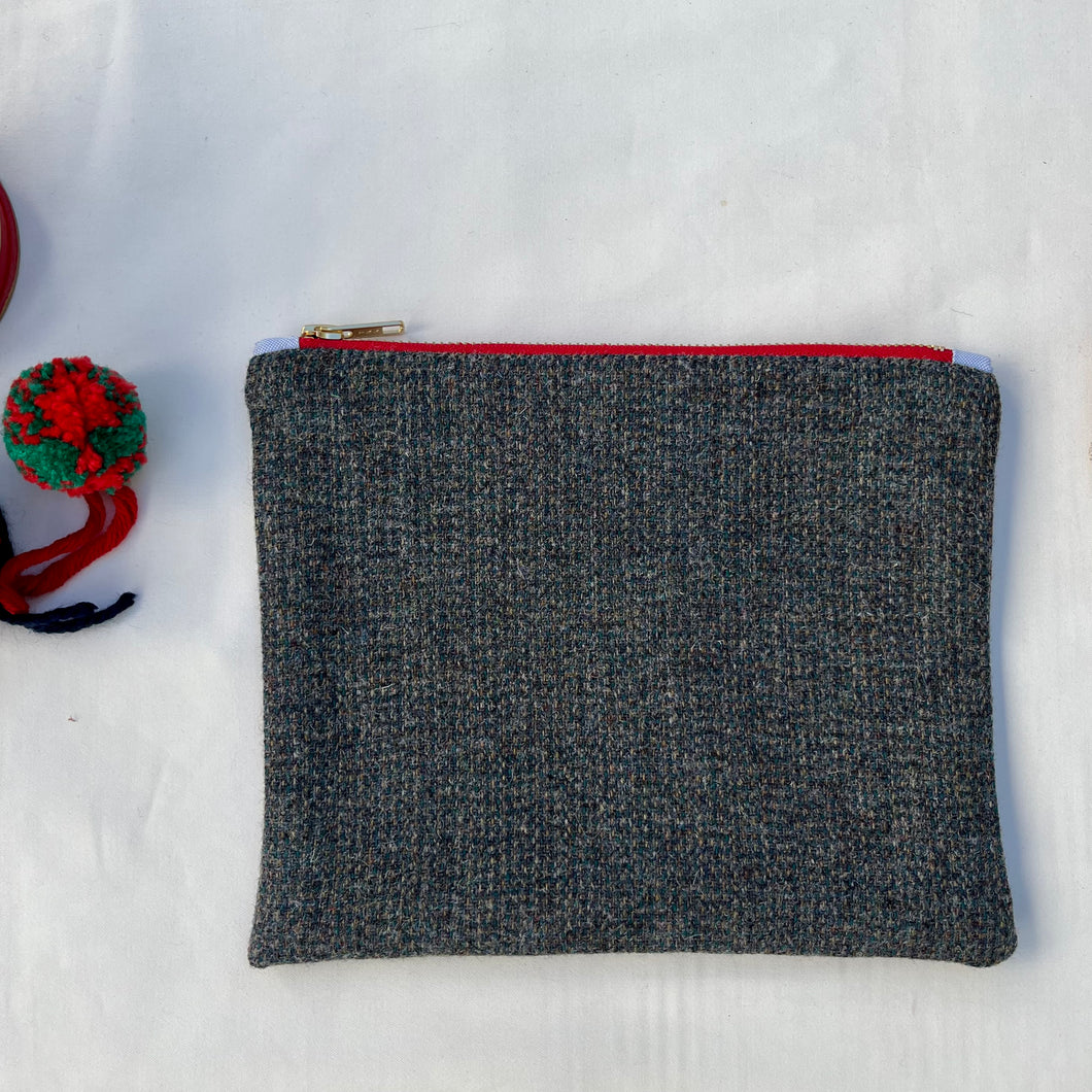 Grey and green textured Donegal wool pouch. Pouch with YKK zip. Zippered purse. Zippered pouch.