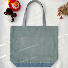Load image into Gallery viewer, XL Tote bag. Sage green cotton corduroy and light blue cotton denim tote bag.
