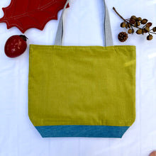 Load image into Gallery viewer, XL Tote bag. Lime green corduroy and blue cotton denim tote bag.
