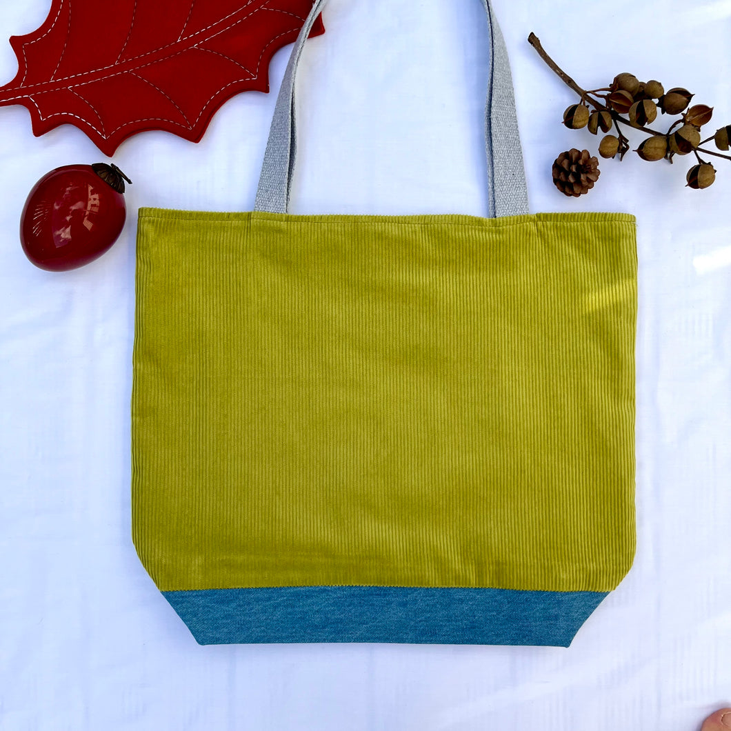 XL Tote bag. Lime green corduroy and blue cotton denim tote bag.
