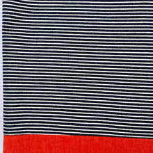 Load image into Gallery viewer, One of a kind bag. Tote Bag. Navy blue and white stripe cotton denim with an organic orange cotton denim bottom.
