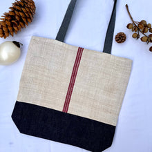 Load image into Gallery viewer, Tote bag. Vintage grain sack tote bag. Vertical burgundy stripe and indigo blue denim bottom.
