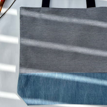 Load image into Gallery viewer, One of a kind bag. Tote Bag. Striped blue and white cotton denim with a dark blue denim bottom.
