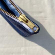 Load image into Gallery viewer, Blue indigo striped Pouch with zip. Cotton/Linen washbag. Zippered pouch. YKK zipper.
