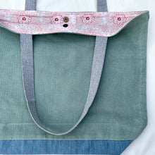 Load image into Gallery viewer, XL Tote bag. Sage green cotton corduroy and light blue cotton denim tote bag.
