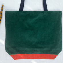 Load image into Gallery viewer, XL Tote bag. Pine green cotton corduroy and orange cotton denim tote bag.
