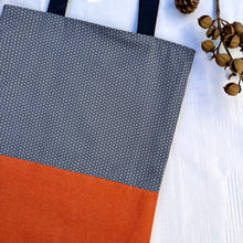 Load image into Gallery viewer, Tote bag. Vintage Japanese kimono fabric. Blue asanoha pattern. Orange cotton denim bottom.
