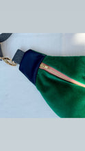 Load image into Gallery viewer, One-of-a-kind tote sling bag. Luxurious green cotton needlecord. With navy blue leather sides. Lined with a gorgeous blue and green striped cotton poplin fabric.
