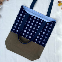 Load image into Gallery viewer, Tote bag. Vintage Japanese kimono fabric with an khaki green cotton canvas bottom.
