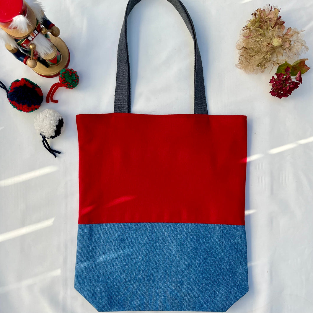 Tote bag. Ex designer red wool and blue denim tote.