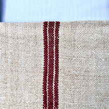 Load image into Gallery viewer, Tote bag. Vintage grain sack tote bag. Vertical burgundy stripe and indigo blue denim bottom.
