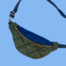 Load image into Gallery viewer, One-of-a-kind tote sling bag. Olive green and blue woven quilt fabric, lined with a gorgeous blue and brown stripe cotton poplin ex-designer fabric.
