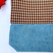 Load image into Gallery viewer, Tote bag. Luxurious grey and brown houndstooth patterned wool and blue cotton denim tote. Ex designer fabric.
