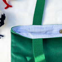 Load image into Gallery viewer, xs Handbag. Bag. Ex designer green cotton needlecord and blue leather handbag.
