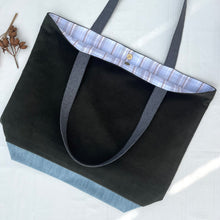 Load image into Gallery viewer, XL Tote bag. Army green cotton corduroy and light blue cotton denim tote bag.
