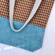 Load image into Gallery viewer, Tote bag. Luxurious grey and brown houndstooth patterned wool and blue cotton denim tote. Ex designer fabric.

