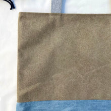 Load image into Gallery viewer, Tote bag. Light camel brown cotton canvas and stonewashed light blue denim tote.
