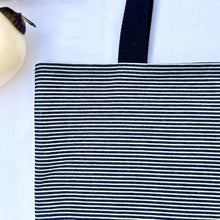 Load image into Gallery viewer, One of a kind bag. Tote Bag. Navy blue and white stripe cotton denim with an organic orange cotton denim bottom.
