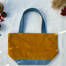 Load image into Gallery viewer, xs Handbag. Bag. Ex designer canary yellow cotton needlecord and blue denim handbag.
