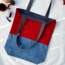 Load image into Gallery viewer, Tote bag. Ex designer red wool and blue denim tote.

