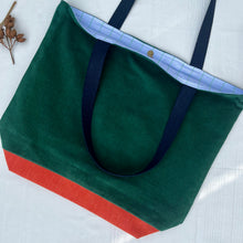 Load image into Gallery viewer, XL Tote bag. Pine green cotton corduroy and orange cotton denim tote bag.
