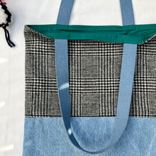 Load image into Gallery viewer, Tote bag. Black and white « Prince of Wales » patterned wool and light blue denim tote. Ex designer fabric.
