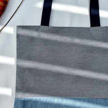 Load image into Gallery viewer, One of a kind bag. Tote Bag. Striped blue and white cotton denim with a dark blue denim bottom.
