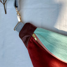 Load image into Gallery viewer, One-of-a-kind tote sling bag. Gorgeous mint green and rust cotton corduroy. Lined with a navy blue and burgundy striped cotton poplin fabric.
