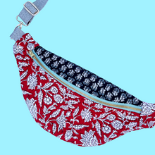 Load image into Gallery viewer, One-of-a-kind tote sling bag. Red and black Indian block print fabric.
