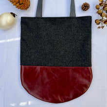 Load image into Gallery viewer, Tote bag. Luxurious grey tweed wool fabric and burgundy leather round bottom.
