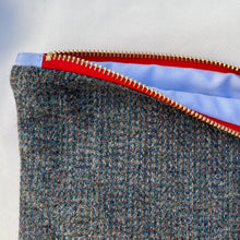 Load image into Gallery viewer, Grey and green textured Donegal wool pouch. Pouch with YKK zip. Zippered purse. Zippered pouch.
