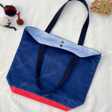 Load image into Gallery viewer, XL Tote bag. Blue cobalt corduroy and red cotton canvas tote bag.
