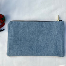 Load image into Gallery viewer, Green striped Grain sack fabric and light blue denim fabric pouch.  2-fabric pouch. Zippered purse. Zippered pouch. YKK metal zipper.
