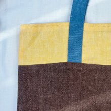 Load image into Gallery viewer, Tote bag. 100% linen tote bag. Stonewashed yellow and brown linen. Lined with an ex designer linen fabric.
