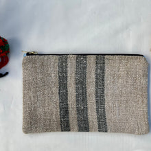 Load image into Gallery viewer, Green striped Grain sack fabric and light blue denim fabric pouch.  2-fabric pouch. Zippered purse. Zippered pouch. YKK metal zipper.
