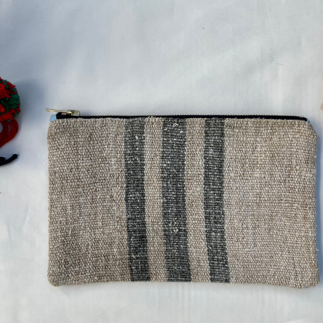 Green striped Grain sack fabric and light blue denim fabric pouch.  2-fabric pouch. Zippered purse. Zippered pouch. YKK metal zipper.