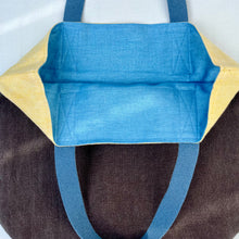 Load image into Gallery viewer, Tote bag. 100% linen tote bag. Stonewashed yellow and brown linen. Lined with an ex designer linen fabric.
