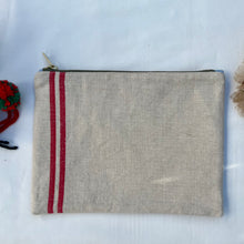 Load image into Gallery viewer, Red striped French linen and upcycled brown leather. 2-material pouch with YKK zip. Zippered purse. Zippered pouch.
