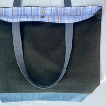 Load image into Gallery viewer, XL Tote bag. Army green cotton corduroy and light blue cotton denim tote bag.
