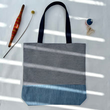 Load image into Gallery viewer, One of a kind bag. Tote Bag. Striped blue and white cotton denim with a dark blue denim bottom.
