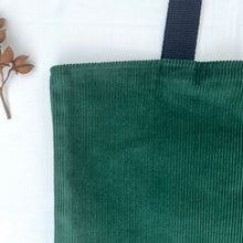 Load image into Gallery viewer, XL Tote bag. Pine green cotton corduroy and orange cotton denim tote bag.
