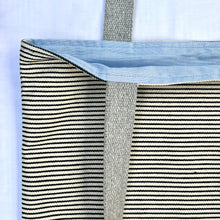 Load image into Gallery viewer, One of a kind bag. Tote Bag. Organic black and off white stripe cotton denim with a green denim bottom.
