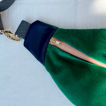 Load image into Gallery viewer, One-of-a-kind tote sling bag. Luxurious green cotton needlecord. With navy blue leather sides. Lined with a gorgeous blue and green striped cotton poplin fabric.
