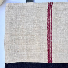 Load image into Gallery viewer, Tote bag. Vintage grain sack tote bag. Vertical burgundy stripe and indigo blue denim bottom.
